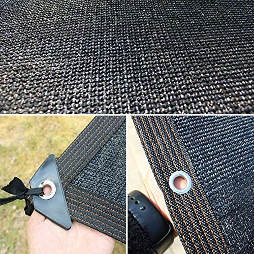 Black shade cloth with grommets and reinforced edges.