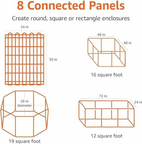 Diagram showing 8 connected panels forming different enclosures: 16 square foot, 19 square foot, and 12 square foot options.