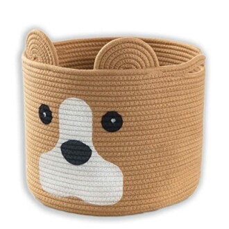 Woven storage basket with bear face design and ears.