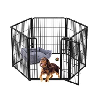 Dog playpen with a pet bed and toy inside.