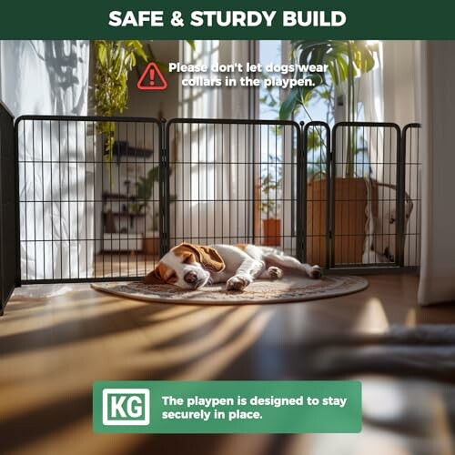 Dog sleeping inside a secure playpen with a safety message.