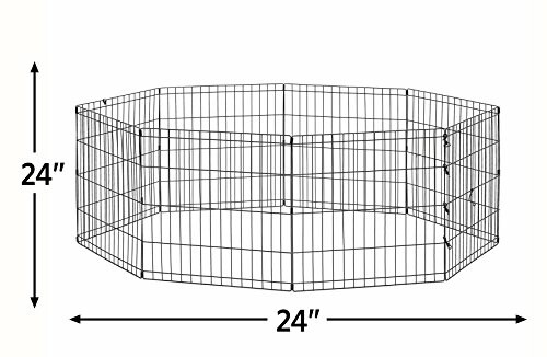 Metal pet playpen with dimensions 24 inches high and wide.