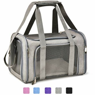 Gray pet carrier bag with mesh sides and zipper closures.