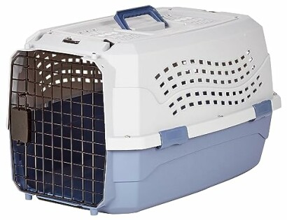 Plastic pet carrier crate with metal door and handle