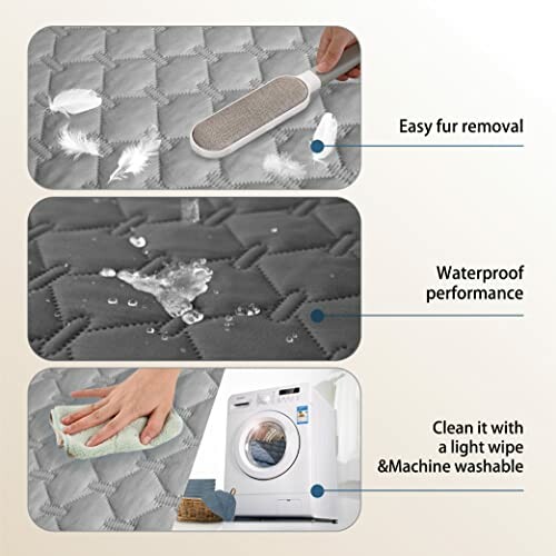 Pet furniture cover showing fur removal, waterproof performance, and machine washable.