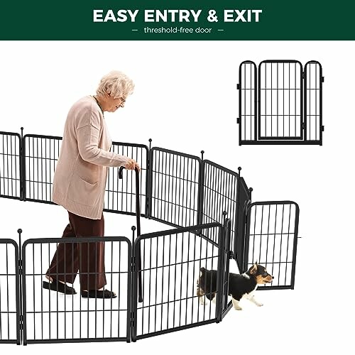 Elderly person and dog using a threshold-free door in a pet playpen.