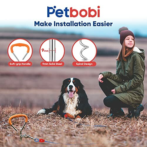 Woman with dog using Petbobi tie-out stake in field.